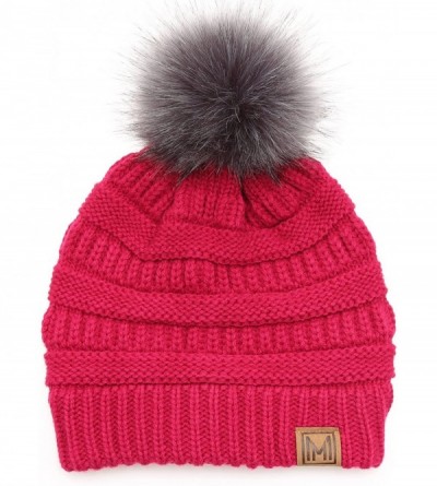 Skullies & Beanies Women's Soft Stretch Cable Knit Warm Skully Faux Fur Pom Pom Beanie Hats - Fuchsia - CE18GQQCQYD $9.66