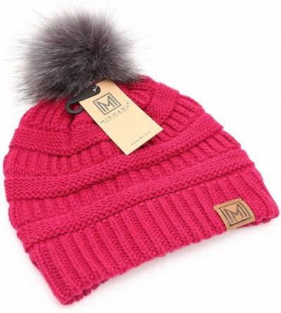 Skullies & Beanies Women's Soft Stretch Cable Knit Warm Skully Faux Fur Pom Pom Beanie Hats - Fuchsia - CE18GQQCQYD $9.66