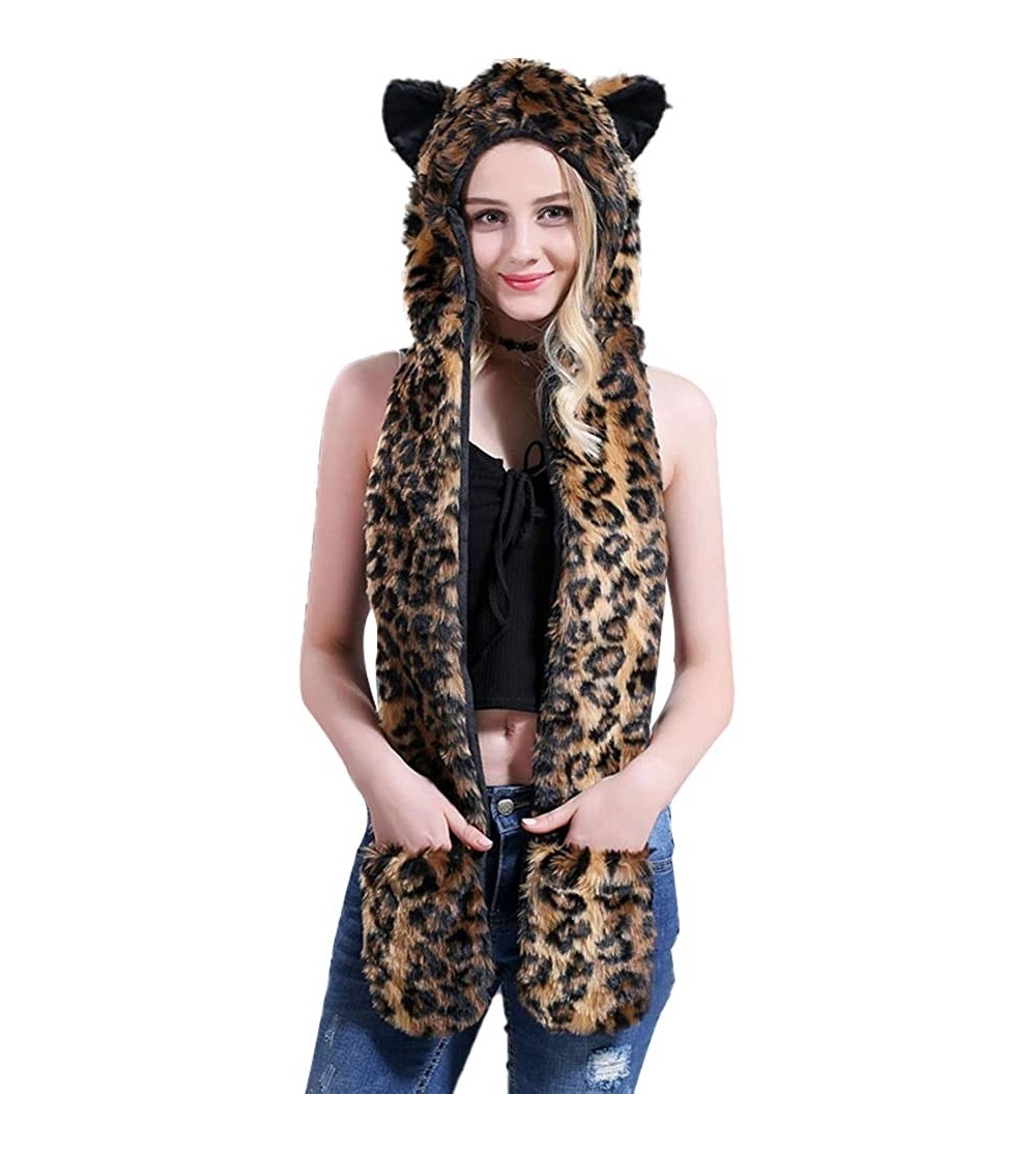 Bomber Hats Animal Hood Faux Fur Hat with Scarfs Mittens Ears and Paws 3 in 1 Soft Warm Winter Headwear - Big Leopard - CS18K...