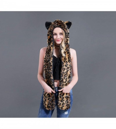 Bomber Hats Animal Hood Faux Fur Hat with Scarfs Mittens Ears and Paws 3 in 1 Soft Warm Winter Headwear - Big Leopard - CS18K...