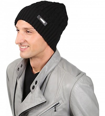 Skullies & Beanies Mens Winter Hat Warm Comfortable Soft Knit Beanie Hats Lined with Fleece - Black - CM184YKZ23N $9.78