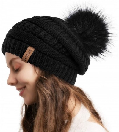 Skullies & Beanies Winter Slouchy Beanie Hats Women Fleece Lined Warm Ski Knitted Pom Pom Hat - 01-black - C418UKST9QK $13.32