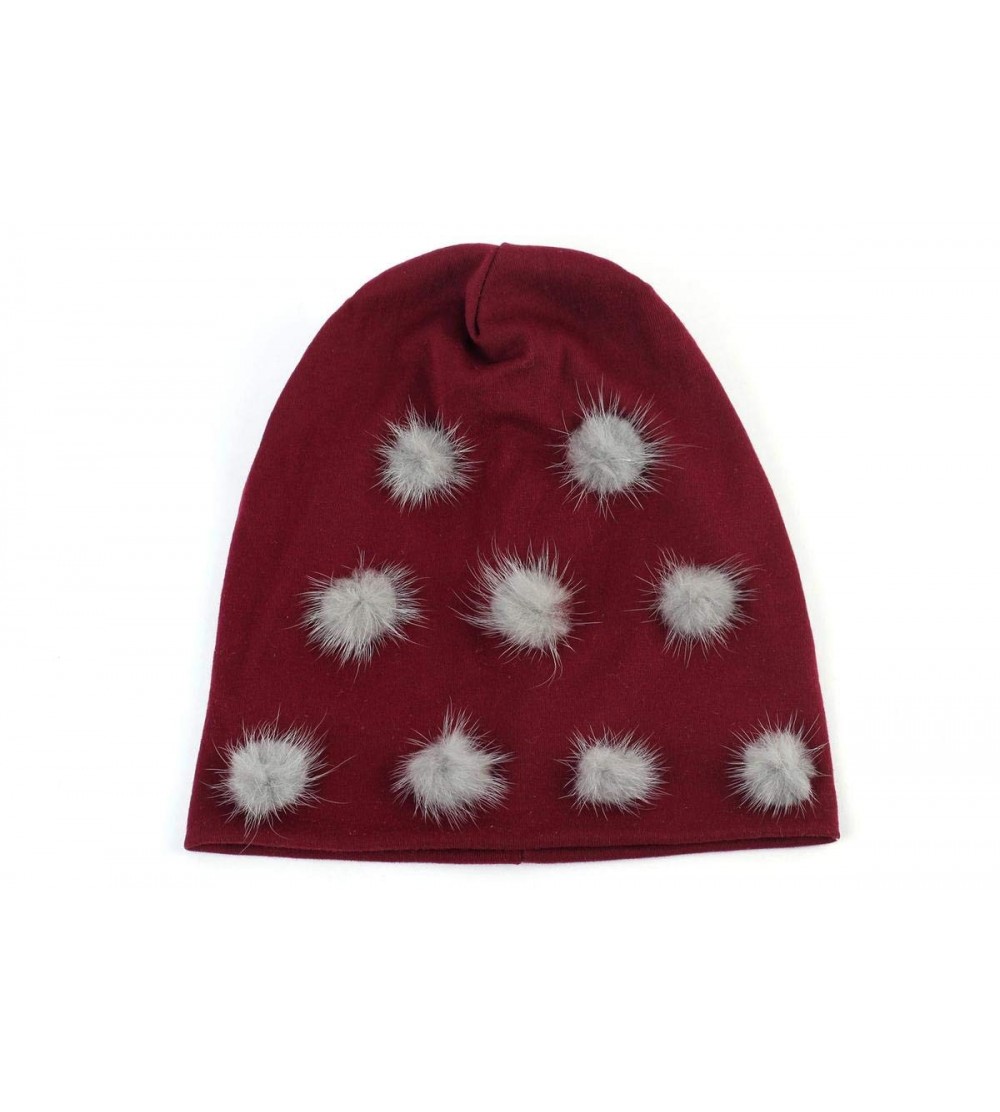 Skullies & Beanies Women's Pom Pom Slouchy Beanie Hat - Wine Red Light Grey - CU18X8M2Y5A $18.01