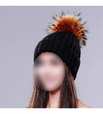 Skullies & Beanies Knitted Real Fur Hat 100% Real Raccoon Fur Pom Pom Hat Winter Women Hat Beanie for Women - White - CN18LZ9...