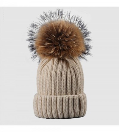 Skullies & Beanies Knitted Real Fur Hat 100% Real Raccoon Fur Pom Pom Hat Winter Women Hat Beanie for Women - White - CN18LZ9...