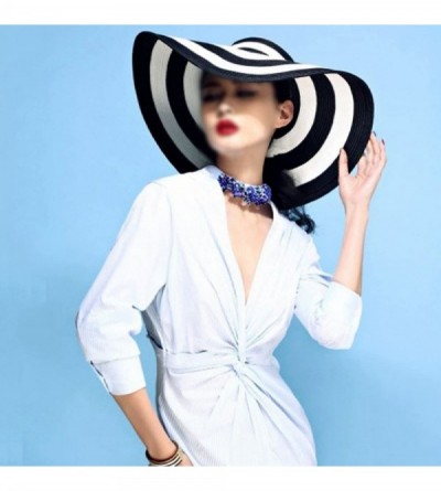 Sun Hats Womens Foldable Wide Brim Roll-up Straw Hat Beach Big Sun Cap UPF 50 - Black White Stripes - CN18D83K0CS $18.91