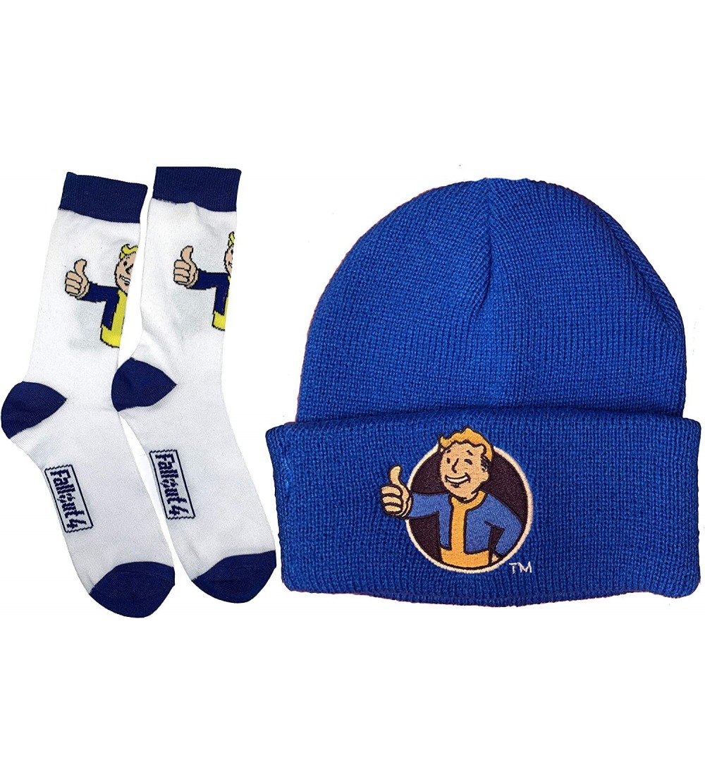 Skullies & Beanies Fallout 76 Vault Boy Knit Beanie and Crew Sock Gift Bundle Blue - CD18YXTU79S $8.27