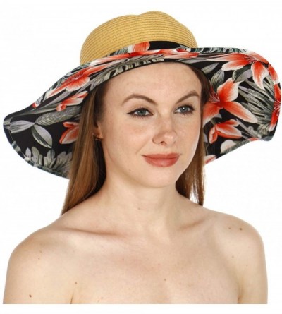 Sun Hats Summer Sun Hats for Women- Beach Hat- Straw Wide Brim Hat Floppy- Hiking Hat - Floral-black - CL18QGYMAKA $13.65