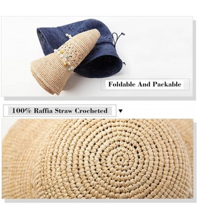 Sun Hats Womens 100% Raffia Straw Crochet Hat Foldable UPF Seashell/Bow Decoration - 89306_navy - CS17XXR55GI $16.97