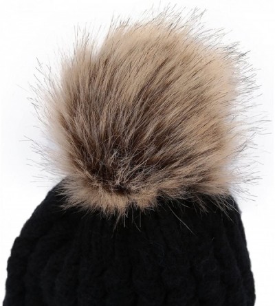 Skullies & Beanies Women's Winter Ribbed Knit Faux Fur Pompoms Chunky Lined Beanie Hats - Rope Black - CR184RQ5TWZ $8.23