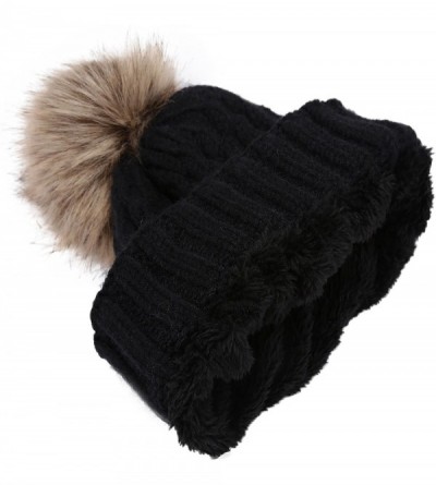 Skullies & Beanies Women's Winter Ribbed Knit Faux Fur Pompoms Chunky Lined Beanie Hats - Rope Black - CR184RQ5TWZ $8.23