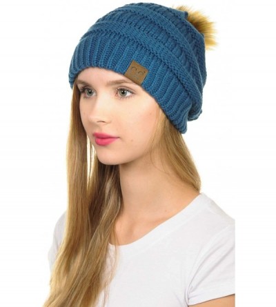 Skullies & Beanies Hat-43 Thick Warm Cap Hat Skully Faux Fur Pom Pom Cable Knit Beanie - Dark Denim - C018XCY7LD6 $13.65