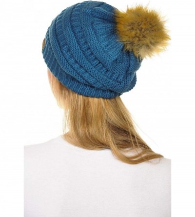 Skullies & Beanies Hat-43 Thick Warm Cap Hat Skully Faux Fur Pom Pom Cable Knit Beanie - Dark Denim - C018XCY7LD6 $13.65