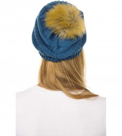 Skullies & Beanies Hat-43 Thick Warm Cap Hat Skully Faux Fur Pom Pom Cable Knit Beanie - Dark Denim - C018XCY7LD6 $13.65