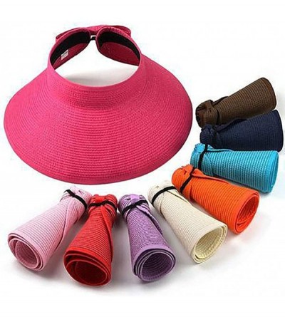 Sun Hats Women's Summer Foldable Straw Sun Visor w/Cute Bowtie UPF 50+ Packable Wide Brim Roll-Up Visor Beach Hat - Coffee - ...