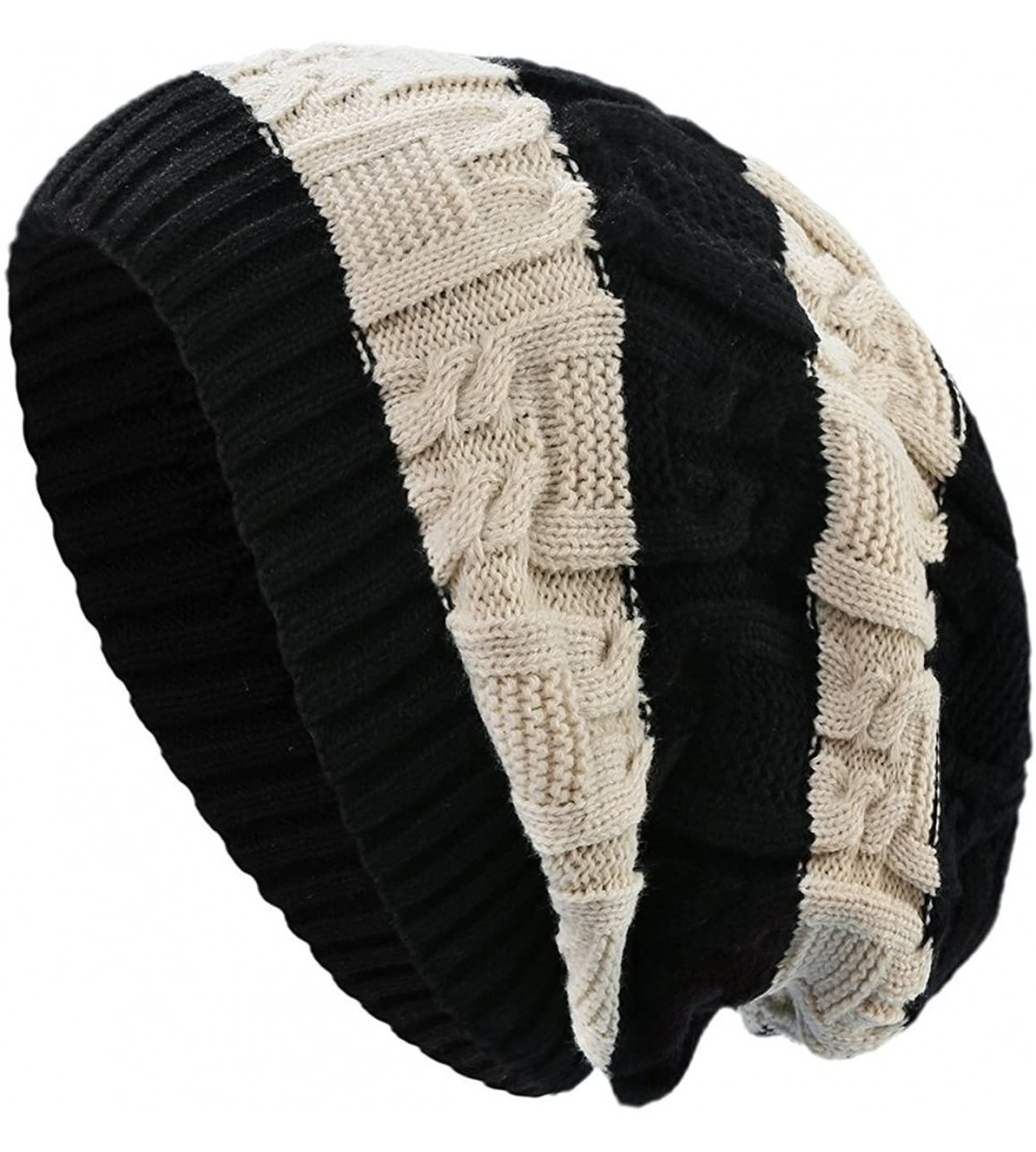 Skullies & Beanies Unisex Trendy Beanie Warm Oversized Chunky Cable Knit Slouchy Woolen Hat - Black&beige - CU12O9Z6P2M $6.95