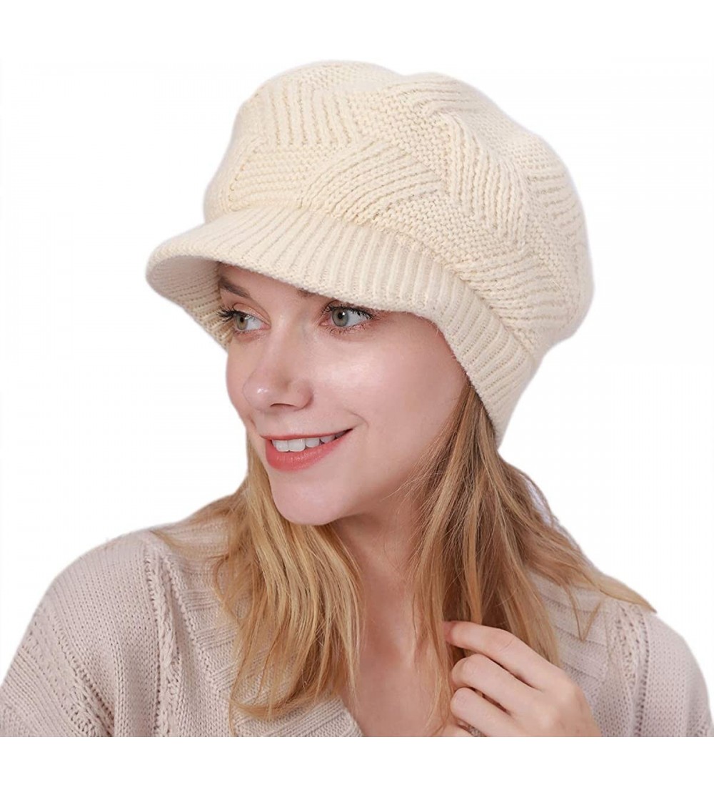 Skullies & Beanies Women's Winter Beanie Newsboy Cap Warm Fleece Lining - Thick Slouchy Cable Knit Skull Hat Ski Cap - Beige ...