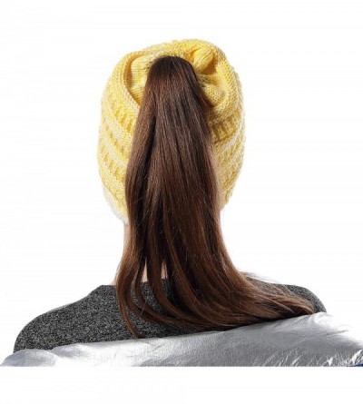 Skullies & Beanies Womens Ponytail Beanie Hats Warm Fuzzy Lined Soft Stretch Cable Knit Messy High Bun Cap - Yellow Mix - CX1...