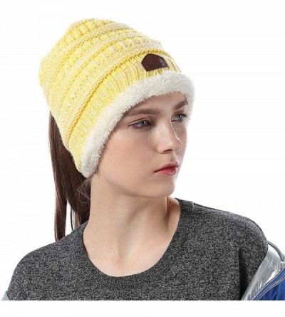 Skullies & Beanies Womens Ponytail Beanie Hats Warm Fuzzy Lined Soft Stretch Cable Knit Messy High Bun Cap - Yellow Mix - CX1...