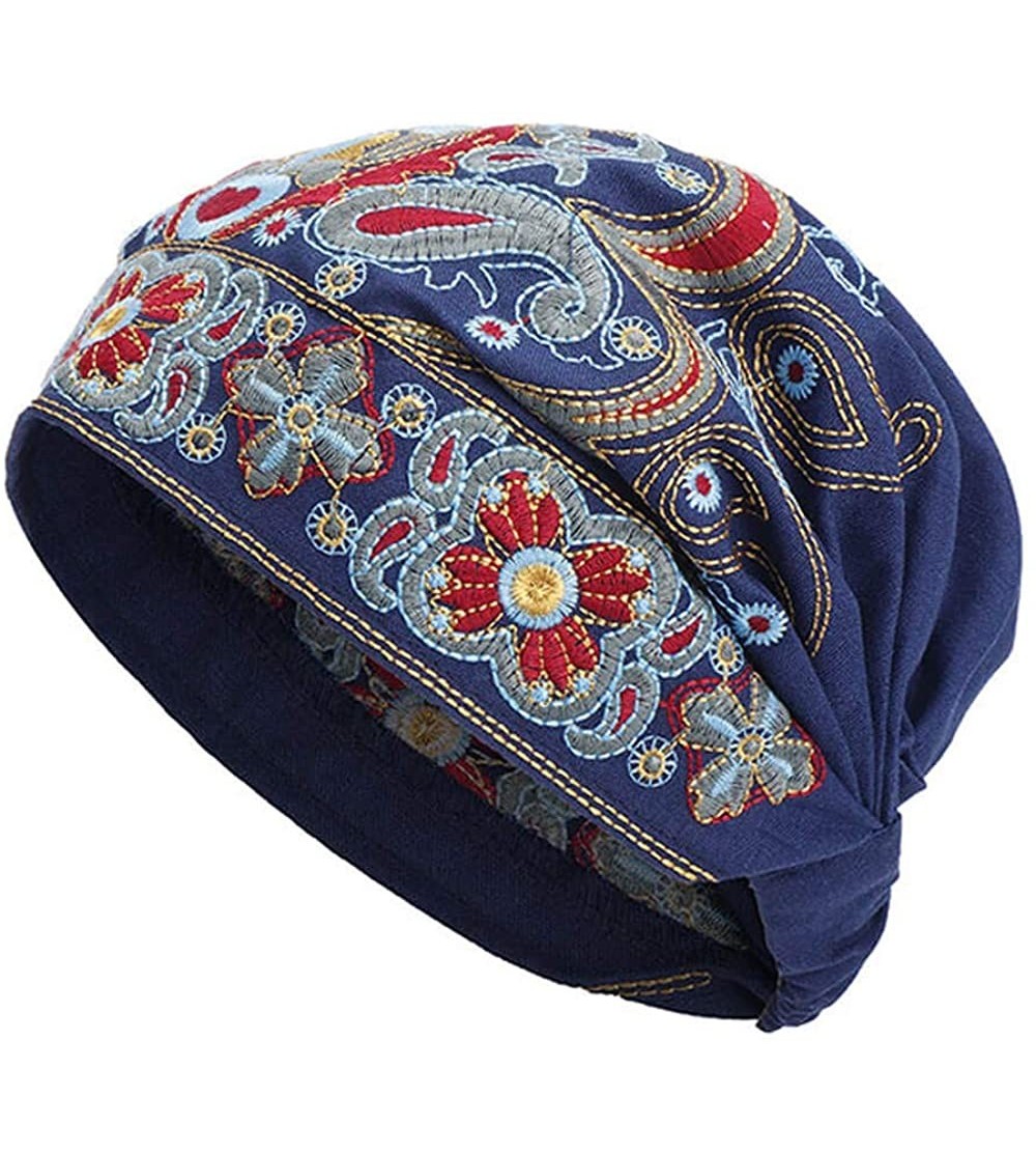 Skullies & Beanies Women Summer Vintage Embroidery Ethnic Beanie Hat Cotton Elastic Turban Caps - Blue - C118LNW838M $7.60