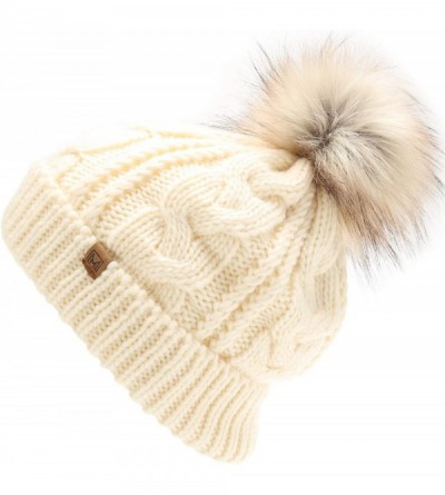 Skullies & Beanies Women's Soft Faux Fur Pom Pom Slouchy Beanie Hat with Sherpa Lined- Thick- Soft- Chunky and Warm - Ivory -...