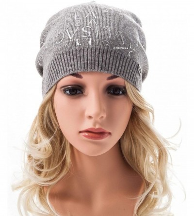 Skullies & Beanies Womens Beanie Printed Slouchy Wool - Beany for Women Knit Hats Caps Soft Warm - Grey-silver Letter - CL187...