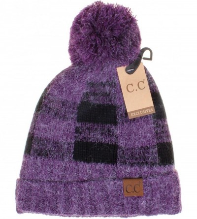 Skullies & Beanies Hatsandscarf Exclusives Buffalo Check Pattern Fuzzy Lined Knit Pom Beanie Hat (HAT-55) - Purple/Black - C2...