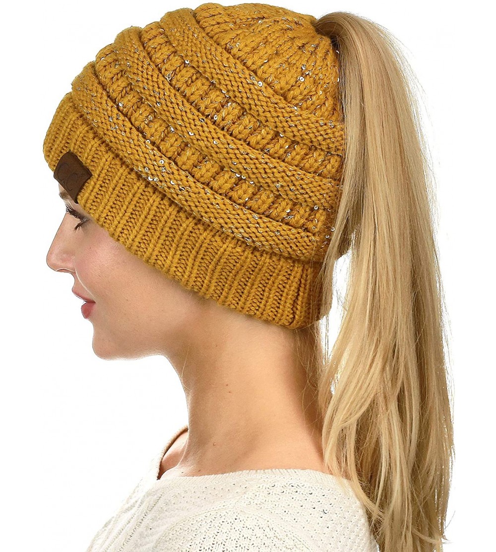 Skullies & Beanies BeanieTail Sparkly Sequin Cable Knit Messy High Bun Ponytail Beanie Hat - Mustard - CG18HD9OE8K $13.15