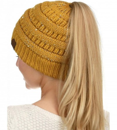 Skullies & Beanies BeanieTail Sparkly Sequin Cable Knit Messy High Bun Ponytail Beanie Hat - Mustard - CG18HD9OE8K $13.15