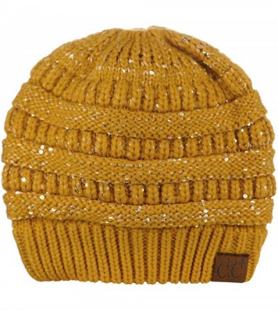 Skullies & Beanies BeanieTail Sparkly Sequin Cable Knit Messy High Bun Ponytail Beanie Hat - Mustard - CG18HD9OE8K $13.15