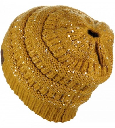 Skullies & Beanies BeanieTail Sparkly Sequin Cable Knit Messy High Bun Ponytail Beanie Hat - Mustard - CG18HD9OE8K $13.15