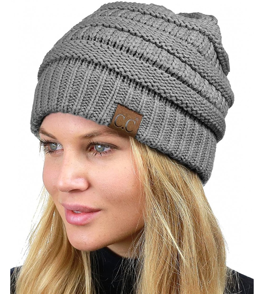 Skullies & Beanies Unisex Chunky Soft Stretch Cable Knit Warm Fuzzy Lined Skully Beanie - Light Melange Gray - CH187GC6LC8 $1...