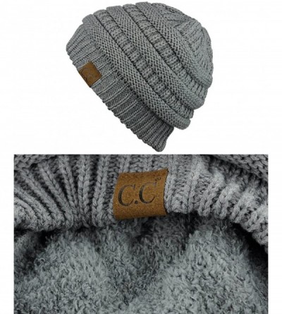 Skullies & Beanies Unisex Chunky Soft Stretch Cable Knit Warm Fuzzy Lined Skully Beanie - Light Melange Gray - CH187GC6LC8 $1...