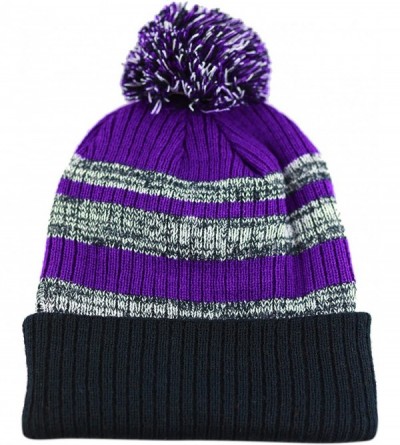 Skullies & Beanies Winter Striped Cuffed Pom Pom Knit Soft Thick Beanie Skully Hat - Black-purple - CJ12N5O9AZ6 $10.51