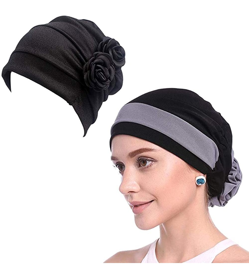 Skullies & Beanies Women Chemo Hat Beanie Flower Headscarf Turban Headwear for Cancer - 6b(2 Packs)45gray+15black - CE18SW926...