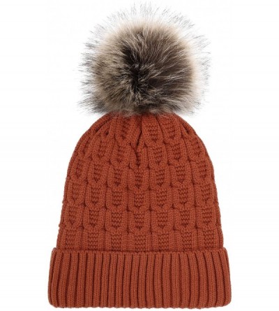 Skullies & Beanies Sherpa Lined Knit Beanie with Faux Fur Pompom - Burnt Orange With Fur Pom - C1182RZ8XRT $11.71