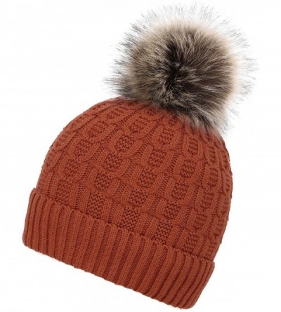 Skullies & Beanies Sherpa Lined Knit Beanie with Faux Fur Pompom - Burnt Orange With Fur Pom - C1182RZ8XRT $11.71