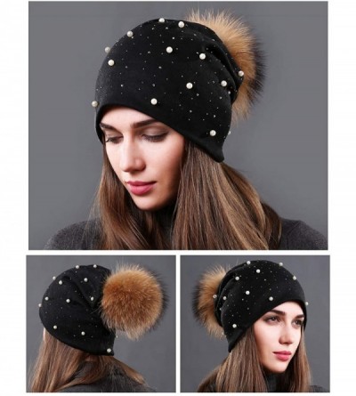 Skullies & Beanies Womens Slouchy Beanie Hat with Real Raccoon Fur Pompom Cotton Pearls Winter Fall Hat - Black 2 - CN1927N05...