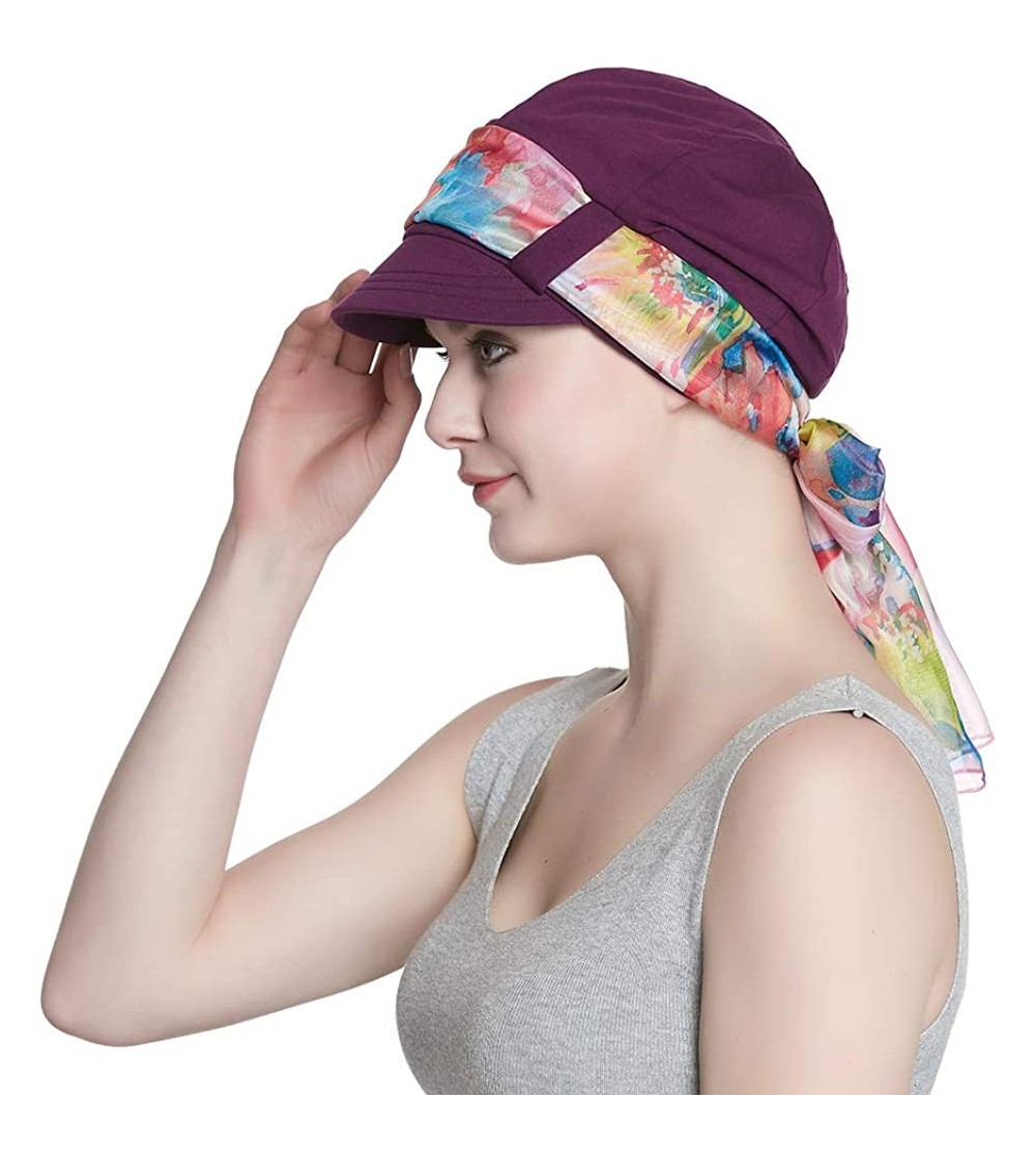 Newsboy Caps Breathable Bamboo Lined Cotton Hat and Scarf Set for Women - Purple Floral - CF18NL72CE3 $14.43