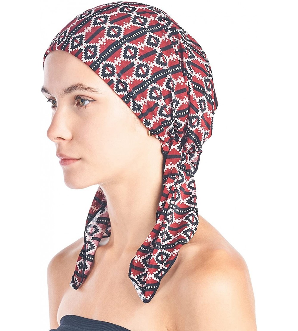 Skullies & Beanies Pre Tied Bandana Turban Chemo Head Scarf Sleep Hair Cover Hat - Bordeaux Aztec - CE187I6C96C $13.86