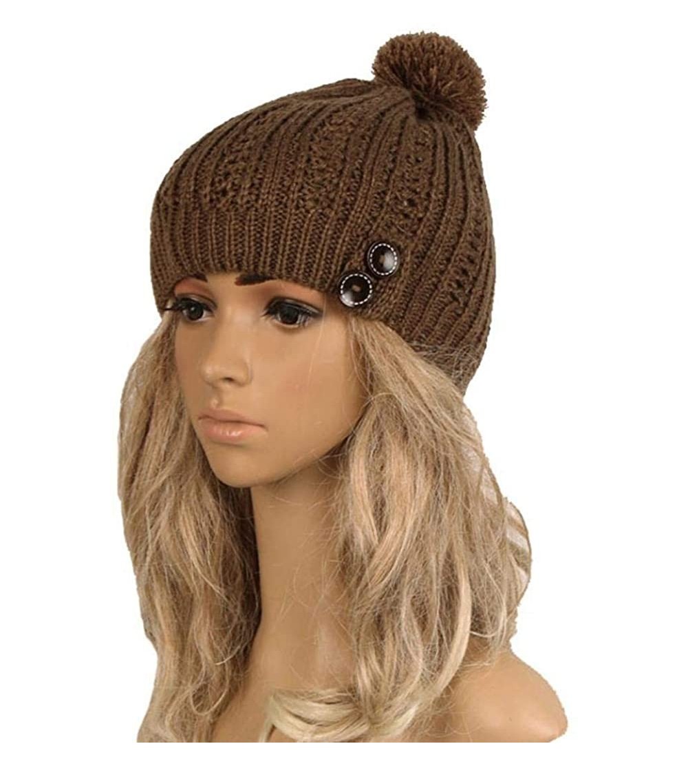 Skullies & Beanies Womens Hat Winter- Women Winter Pom Pom Buttons Hand Knit Slouchy Beanie Hat Skully Cap - Khaki - C8188ZUT...