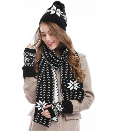 Skullies & Beanies Women Lady Winter Warm Knitted Snowflake Hat Gloves and Scarf Winter Set - Black - CI11PPOMLX7 $26.63