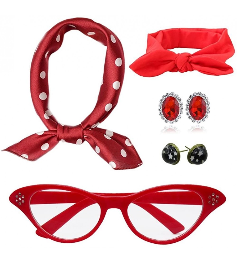 Headbands 50's Costume Accessories Set Dot Scarf Cat Eye Glasses with Headband - Red - C018H48C4T3 $8.27