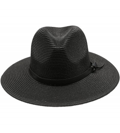 Sun Hats Women's Braid Straw Wide Brim Fedora Hat UPF 50+ w/Adjustable Drawstring - F2252 - Black - CG12E6G0LSL $11.74