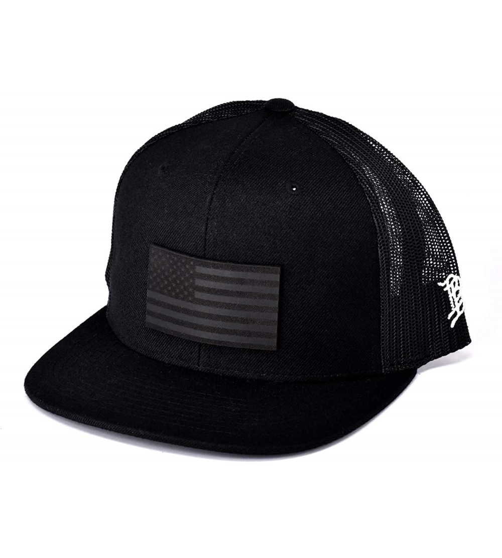 Baseball Caps USA 'Midnight Glory' Dark Leather Patch Hat Flat Trucker - One Size Fits All - Black - CX193ZIGOT9 $44.06