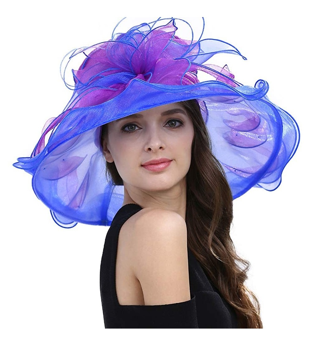 Sun Hats Women's Fascinators Wide Brim Sun Hat for Kentucky Derby- Church- Wedding- Tea Party- Royal Ascot- Easter - Blue - C...