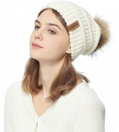 Skullies & Beanies Womens Winter Knit Beanie Hat Slouchy Warm Raccoon Fur Pom Pom Hat Caps for Women Ladies Girls - CL18ZXW8G...