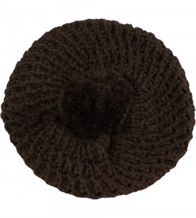 Skullies & Beanies Thick Crochet Knit Pom Pom Beret Winter Ski Hat - Dark Chocolate - C111QCV3QPJ $7.82