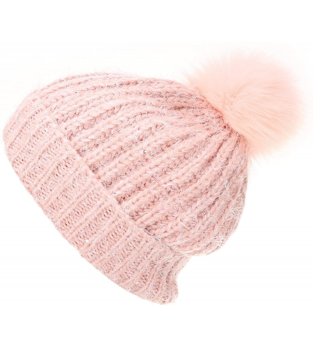 Skullies & Beanies Women's Soft Chunky Scattered Sequin Fuzzy Cable Knit Faux Pom Pom Beanie hat with Sherpa Lined - Pink - C...