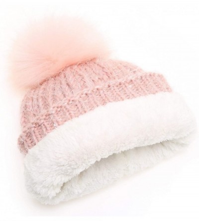 Skullies & Beanies Women's Soft Chunky Scattered Sequin Fuzzy Cable Knit Faux Pom Pom Beanie hat with Sherpa Lined - Pink - C...